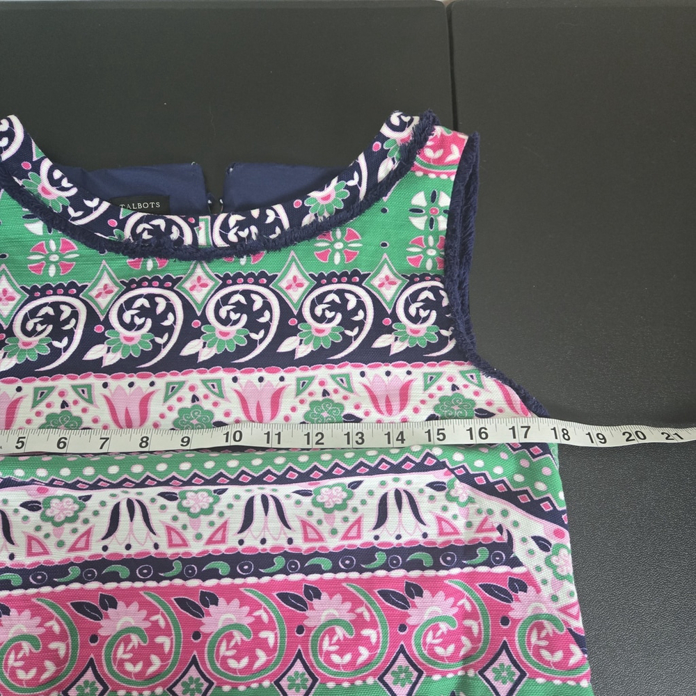 Talbots Womens Fringe Knee Length Sheath Dress Size 10 Green Pink Preppy Floral - Picture 6 of 8